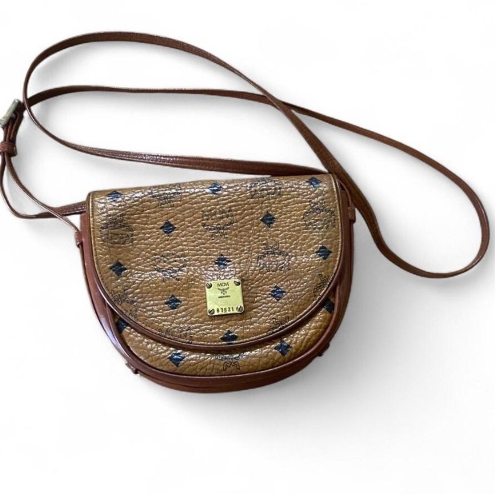 AUTHENTIC MCM Leather Cognac w/ Black Monogram Mini Crossbody Bag